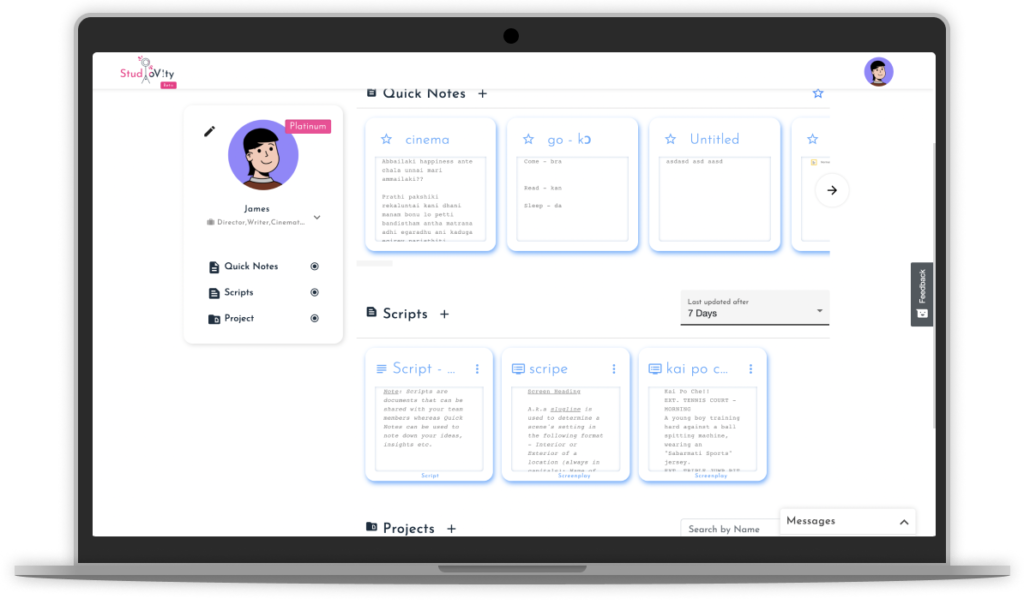 Cross platform Application showing Studiovity pages in Laptop.