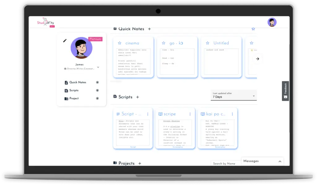 Cross platform Application showing Studiovity pages in Laptop.