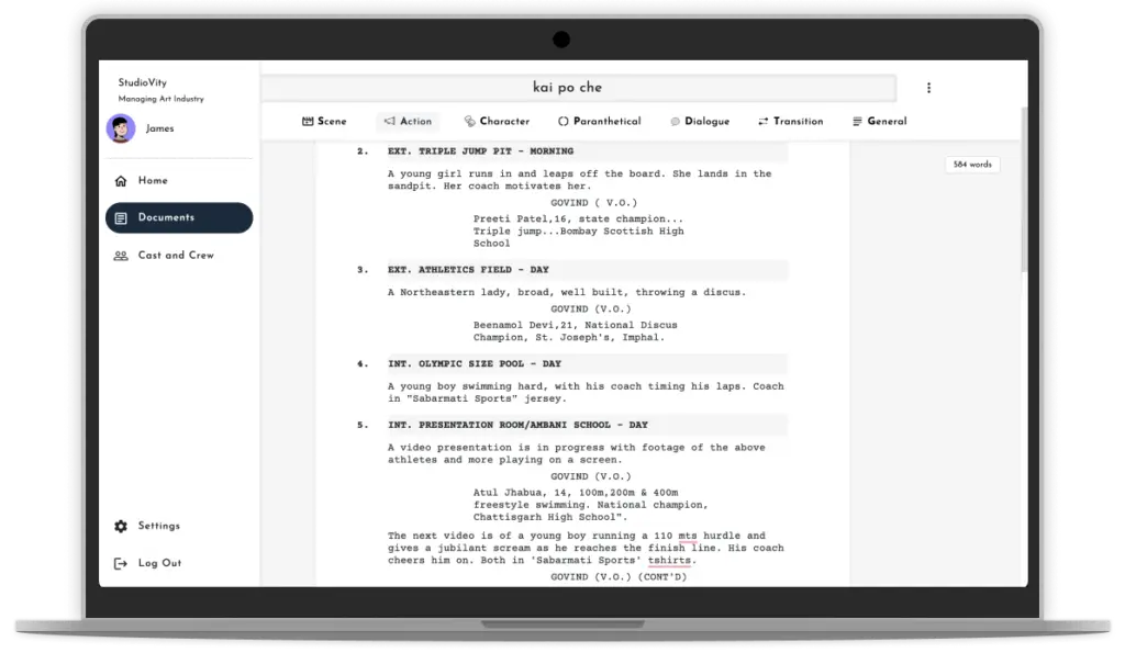 Studiovity Application showing screenplay.