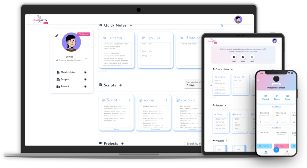 Cross platform Application showing Studiovity pages in Laptop, Tablet and mobile phone