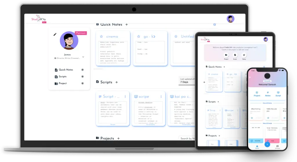 Cross platform Application showing Studiovity pages in Laptop, Tablet and mobile phone