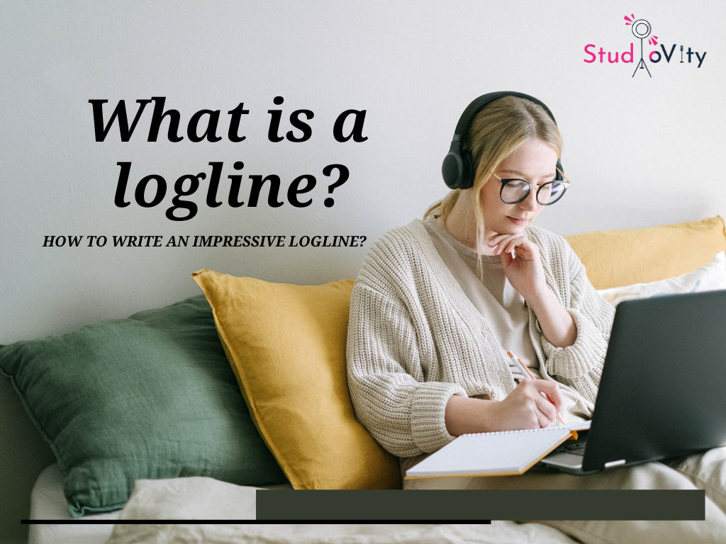 A women working on a laptop and a text is written what is a logline