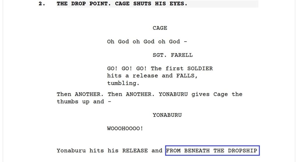 shot in screenplay formating