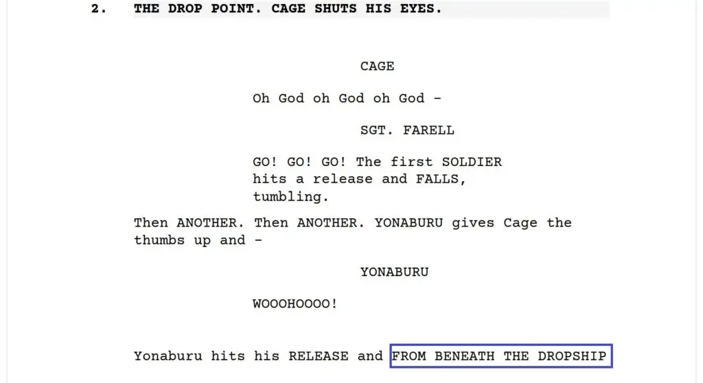 shot in screenplay formating
