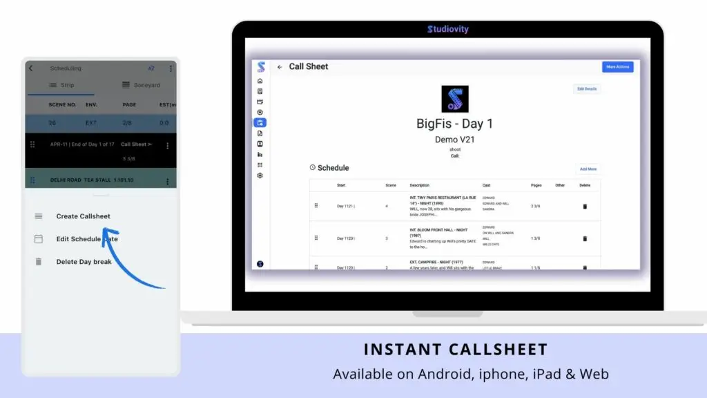 Call sheet web and mobile