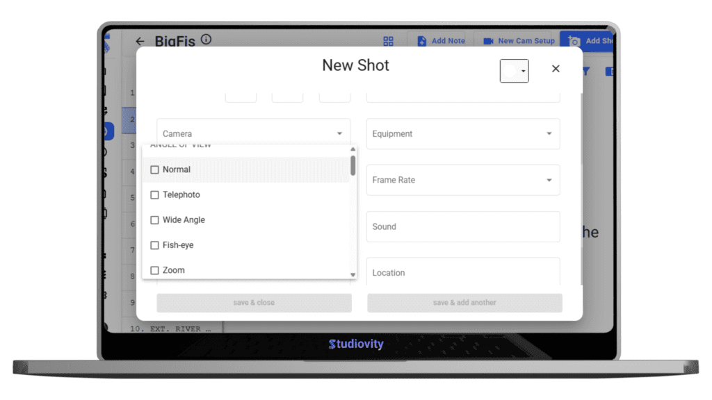 Studiovity camera techniques in film, shotlist