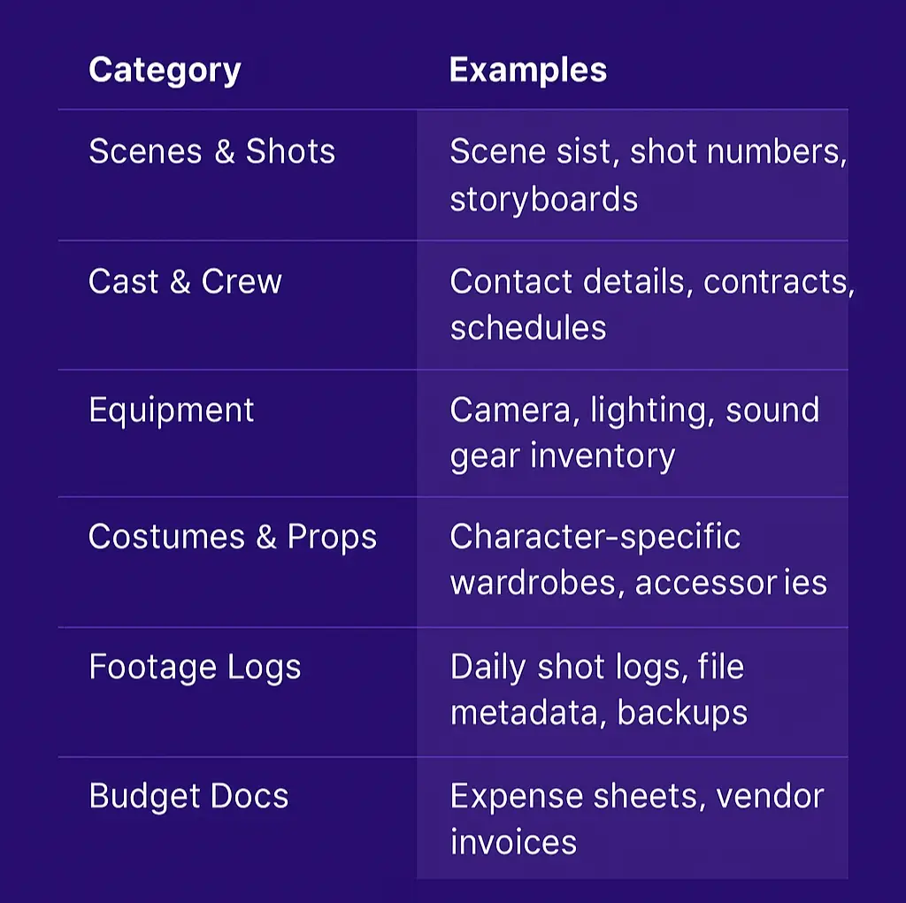 Production catalog in films