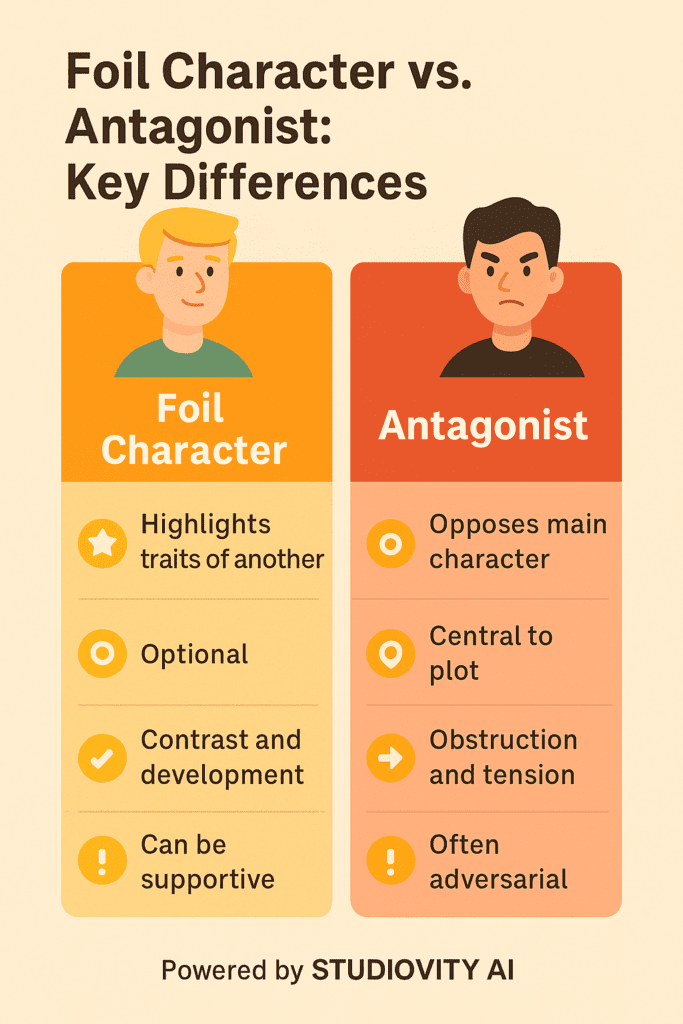 Difference between foil character and antagonist foil character in literature and film