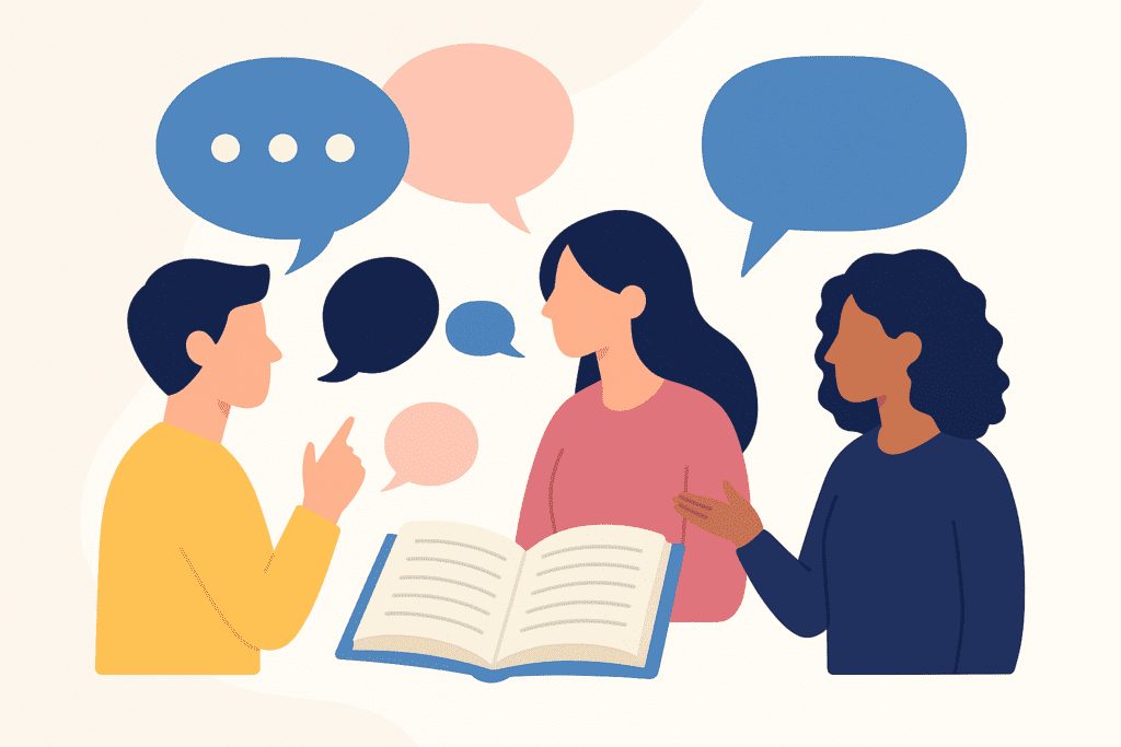 Illustration of people talking with speech bubbles representing vernacular language and communication
