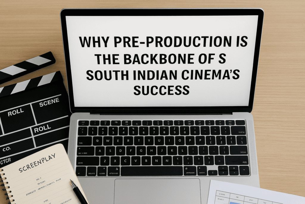 Power of pre-production in South Indian films shown with screenplay notes, clapperboard, and planning chart on the laptop screen..