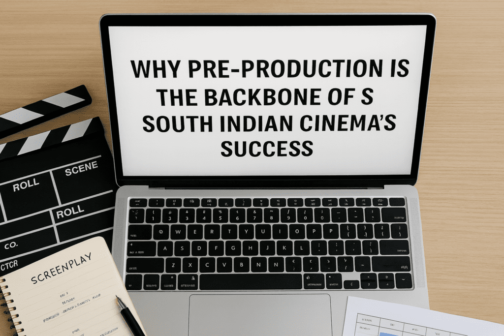 Power of pre-production in South Indian films shown with screenplay notes, clapperboard, and planning chart on the laptop screen..