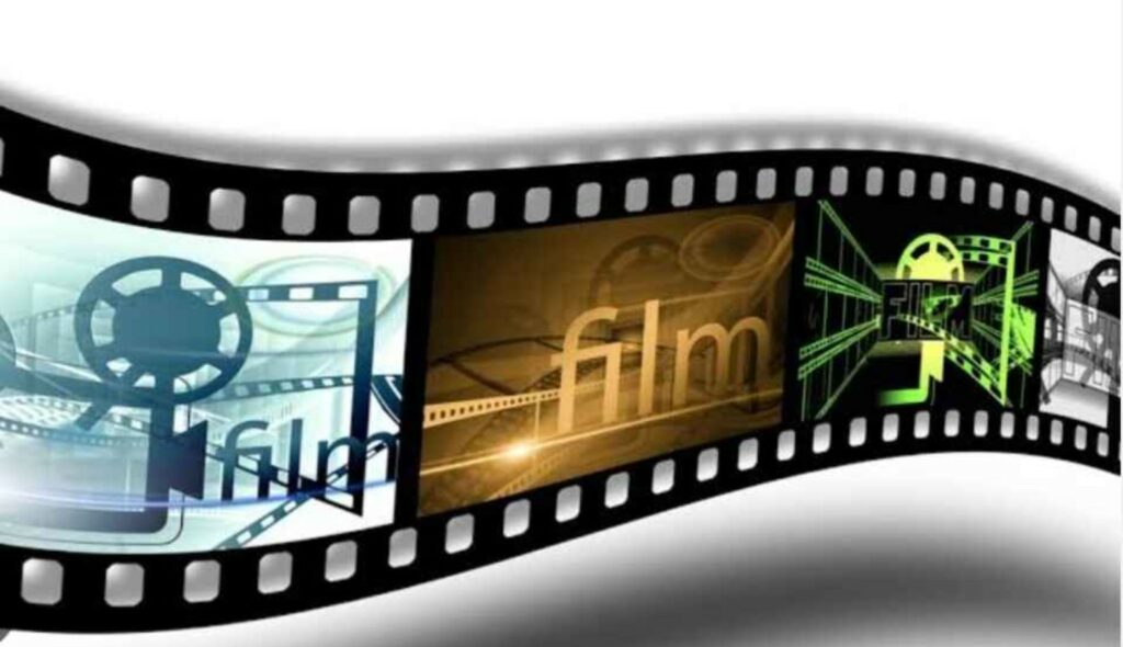 Film reel strip showing screenplay, cast and crew, and film treatment concept
