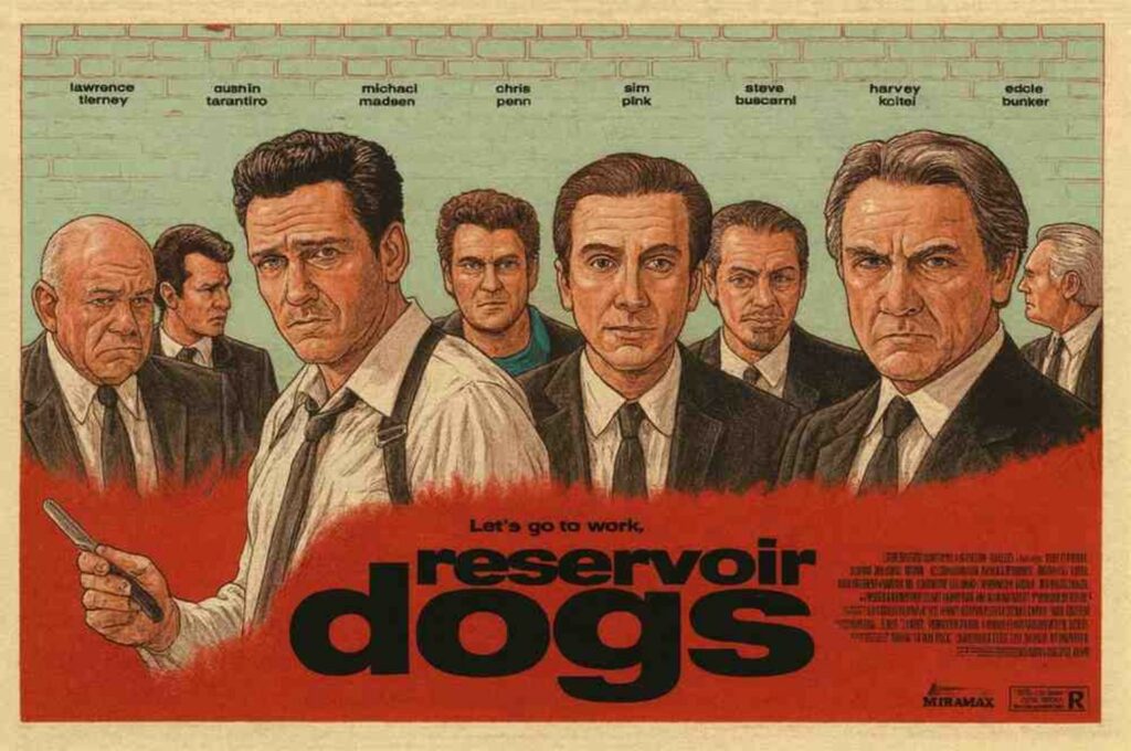 Reservoir dogs movie poster featuring the main cast including Harvey Keitel, Tim Roth, Michael Madsen, Steve Buscemi, and Quentin Tarantino.
