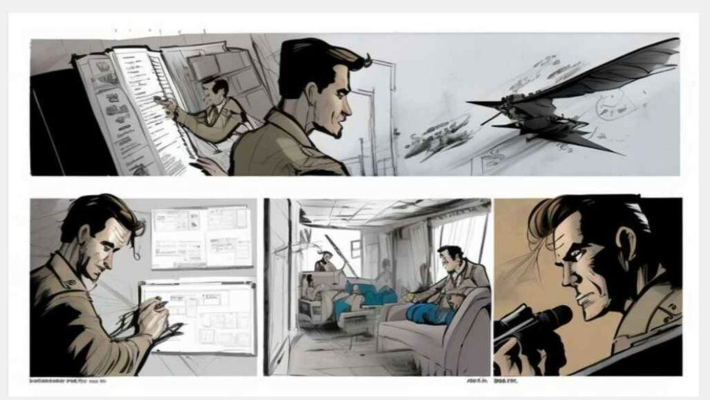 Storyboard illustration showing a man designing blueprints, imagining a futuristic aircraft, and working on technical plans.