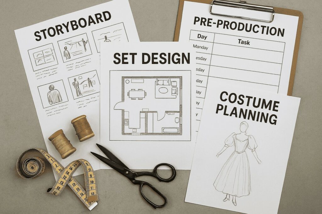 Storyboard, set design, costume planning, and pre-production sheets with sewing tools on a table
