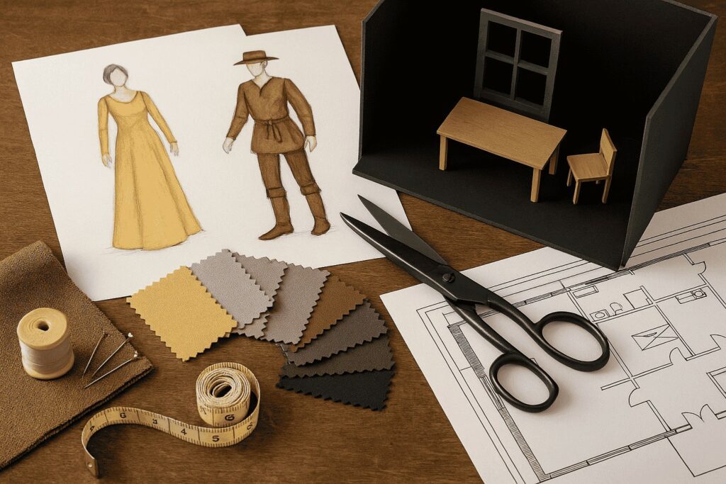 Costume sketches, fabric samples, and miniature set design elements used in pre-production planning.