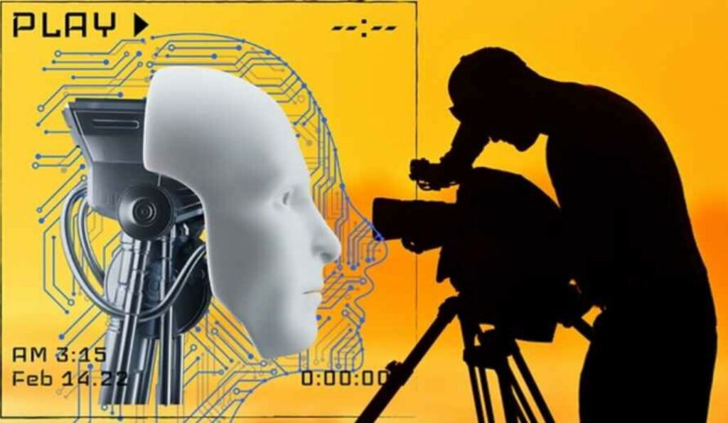 AI in filmmaking – silhouette cameraman recording with futuristic robot face and digital circuits background