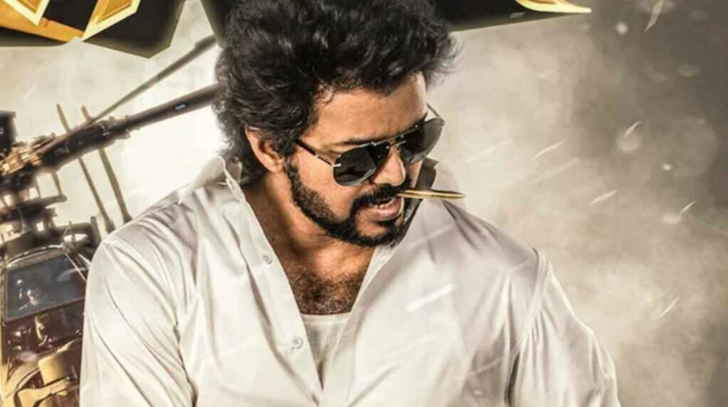 Vijay Thalapathy stylish look in white shirt from action movie poster