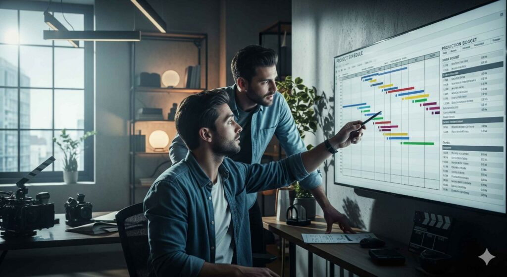 Filmmakers using modern scheduling and budgeting tools with a film production calendar on screen