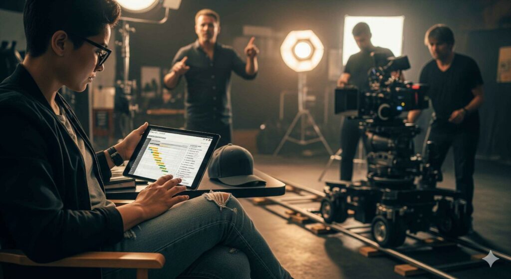 Filmmaker using modern scheduling and budgeting tools on tablet during film production