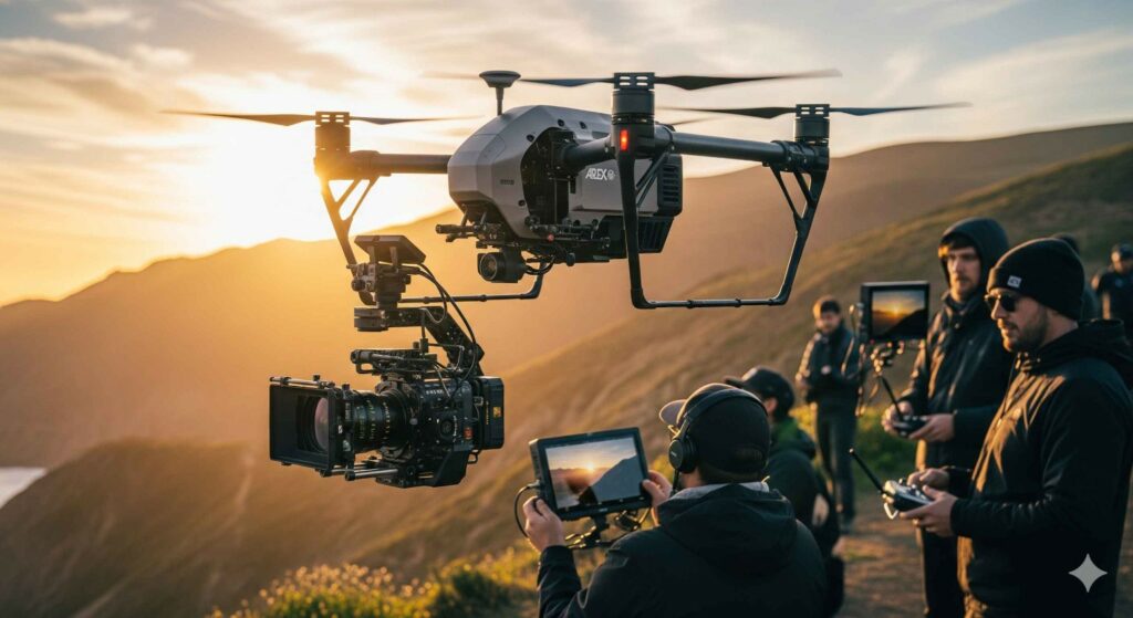 Drone cinematography setup with professional camera capturing a film scene during sunset.