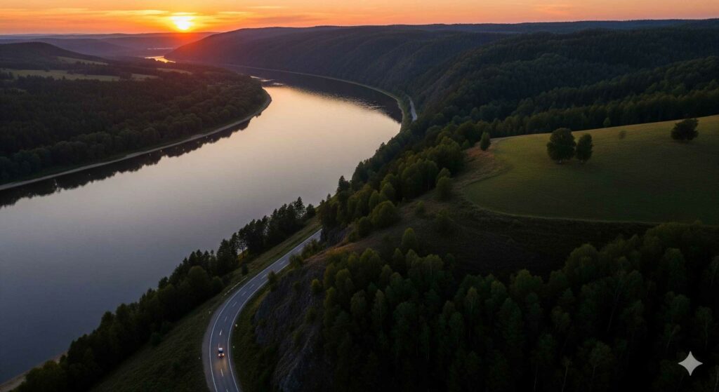 Drone cinematography aerial shot of a river and forest landscape at sunset.
