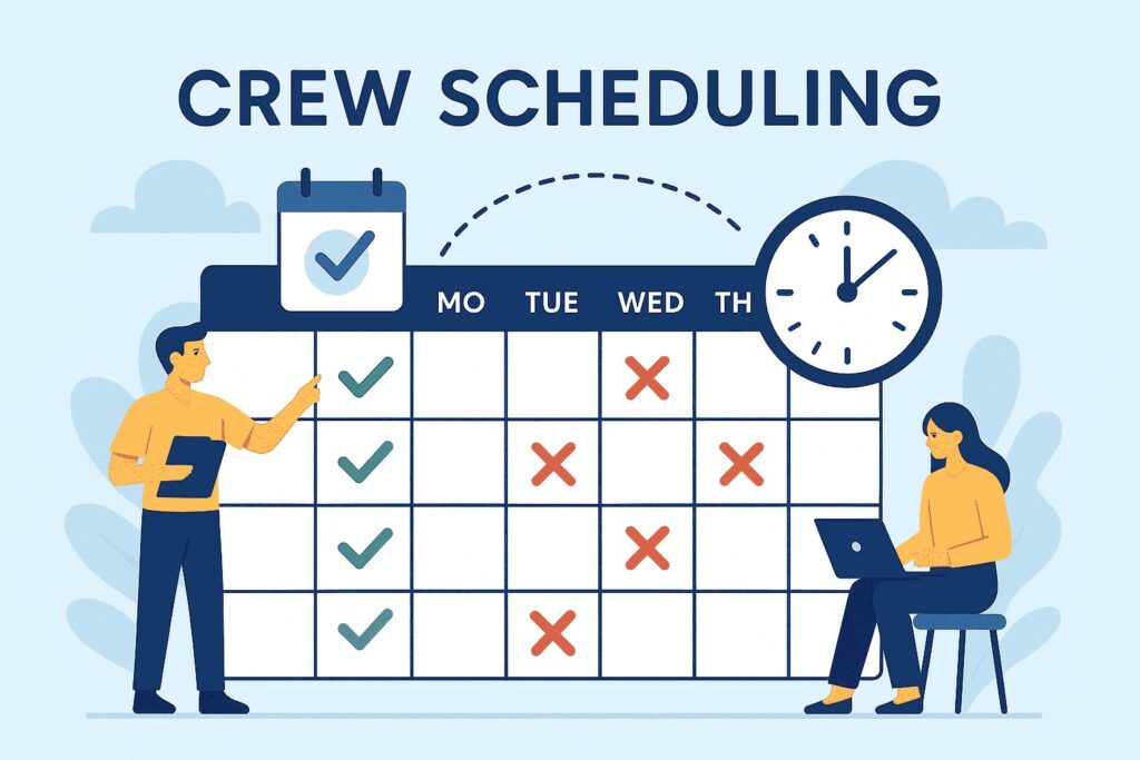 Illustration of crew scheduling with film production calendar and planning tasks