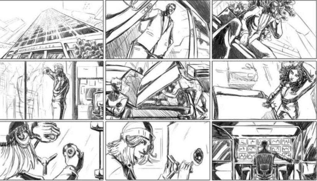 Storyboard of a heist sequence showing skyscraper, characters planning, cracking a safe, and controlling security systems.