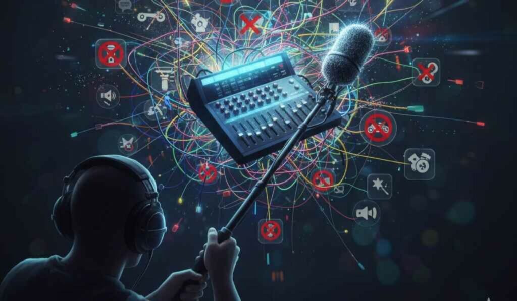 Sound engineer using boom mic and mixer to overcome live location sound challenges in filmmaking.