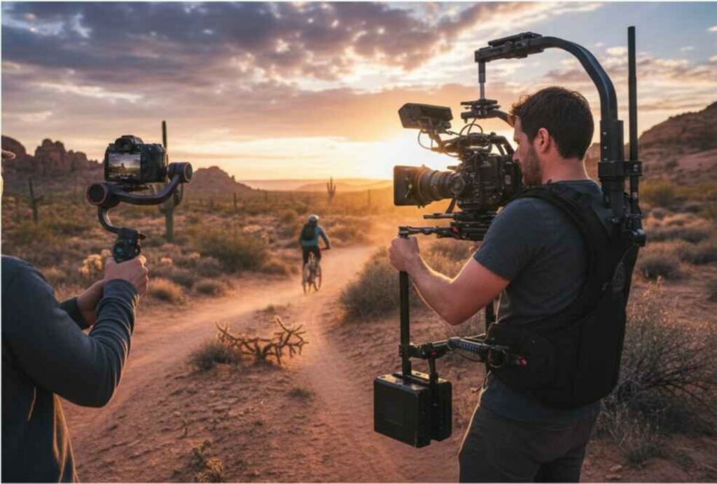 Filmmakers using Steadicam and Gimbal camera stabilizers while shooting a cinematic outdoor scene