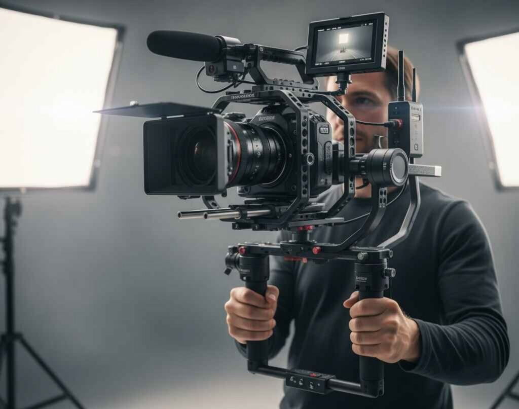 Filmmaker using a gimbal stabilizer for professional video production