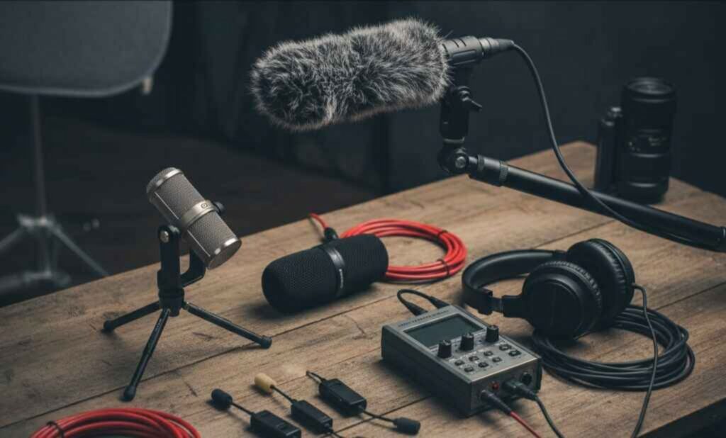 Best microphones for film production with audio recorder, boom mic, and headphones on a wooden table