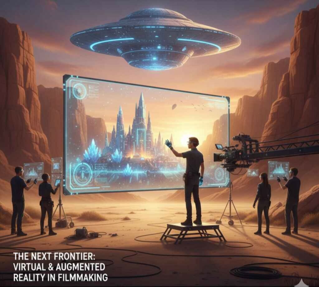 Filmmakers using Virtual and Augmented Reality in filmmaking with futuristic set design and holographic visuals