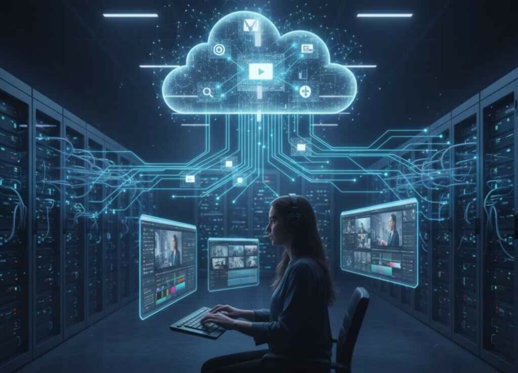 Editor working on cloud-based post-production in filmmaking with virtual screens and secure data servers