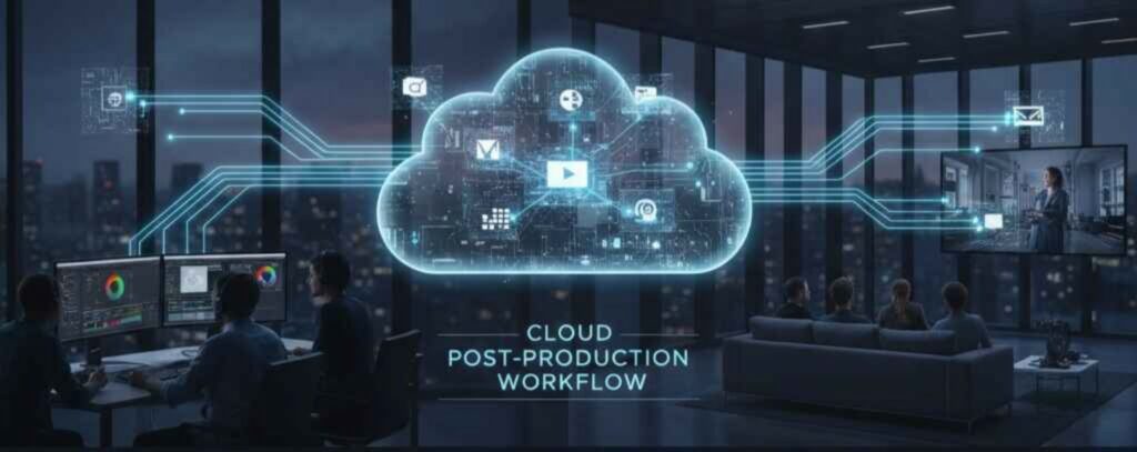 Cloud-based post-production workflow in filmmaking with editors and team collaborating remotely