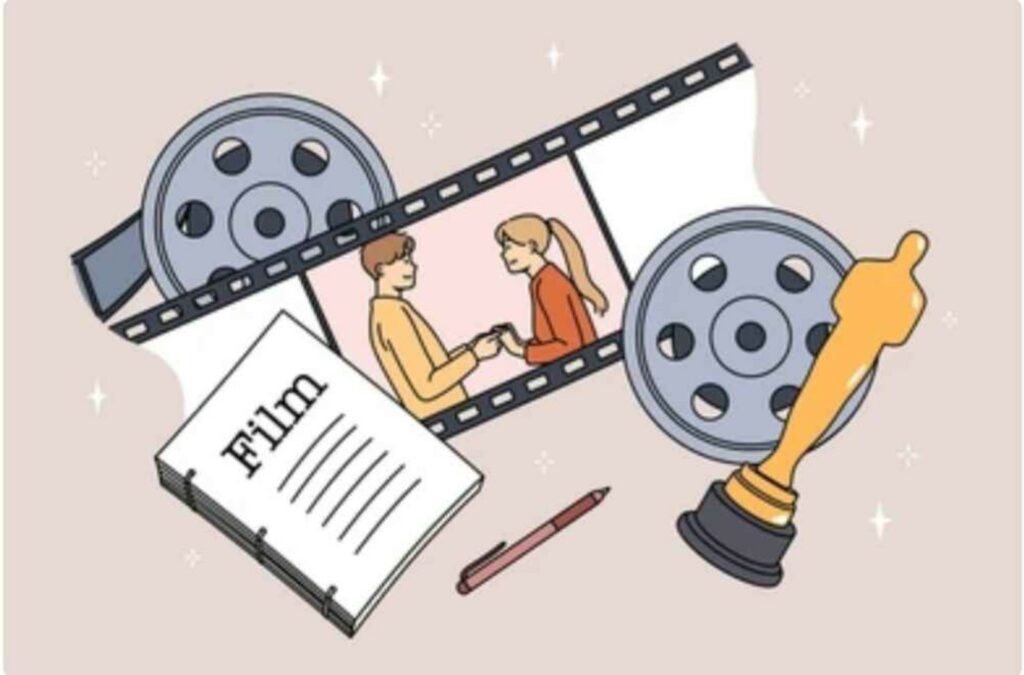 Illustration of a film reel, screenplay script, award trophy, and a scene of two actors representing the casting and filmmaking process.