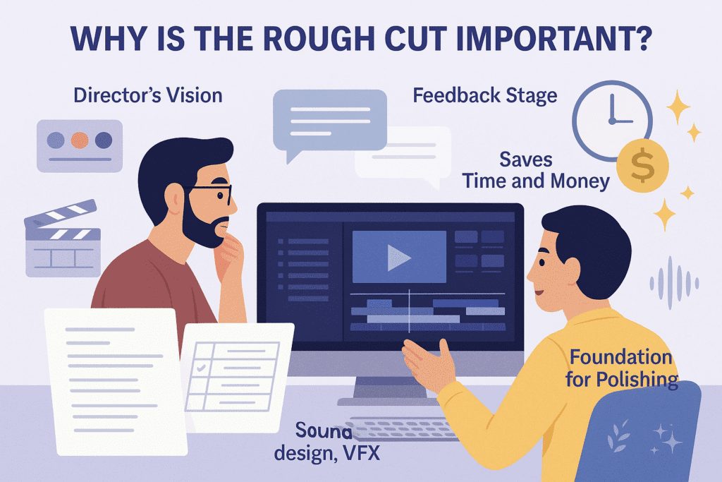 Illustration showing why the rough cut is important in film editing, featuring director's vision, feedback stage, time and cost savings, and polishing with sound design and VFX