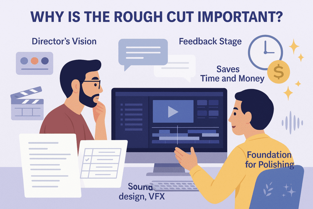 Illustration showing why the rough cut is important in film editing, featuring director's vision, feedback stage, time and cost savings, and polishing with sound design and VFX