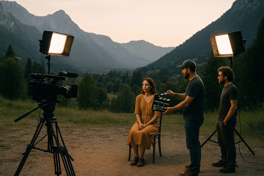 Film location scouting setup with lights and crew in mountains.