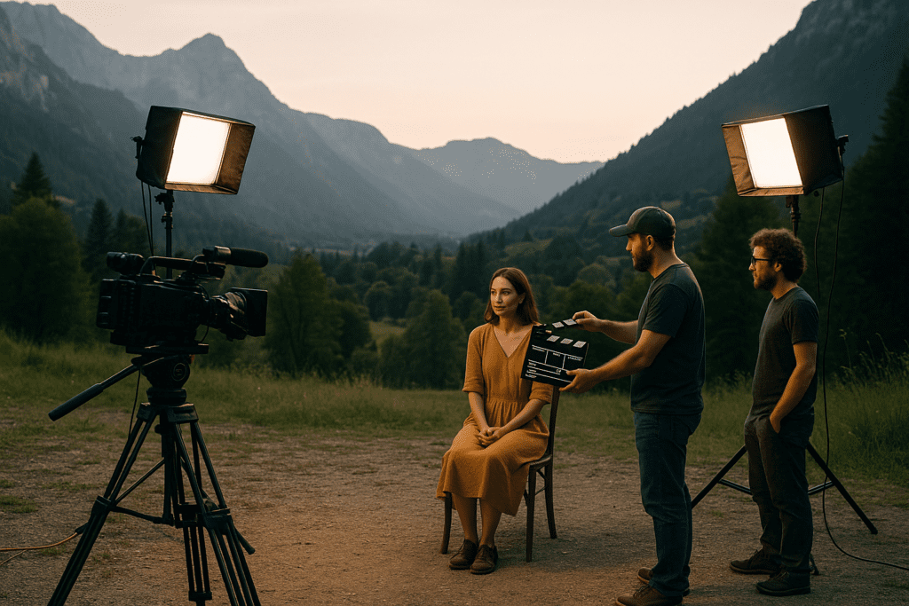 Film location scouting setup with lights and crew in mountains.
