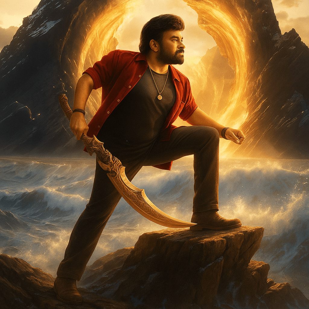 Chiranjeevi holding a sword in a powerful pose with a glowing golden ring backdrop in Vishwambhara 2026 movie poster