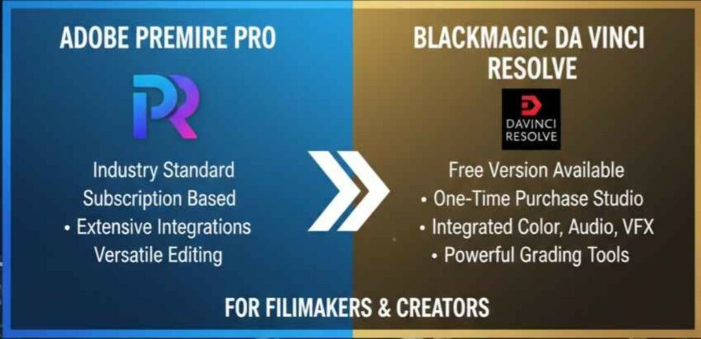 Adobe Premiere Pro vs Blackmagic DaVinci Resolve comparison for filmmakers and creators