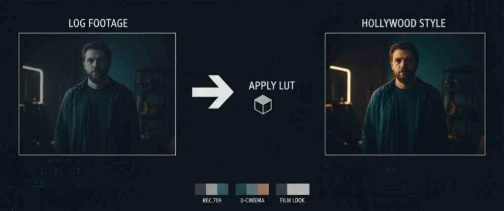 Applying LUT in cinematic post-production to transform log footage into Hollywood-style color grading.