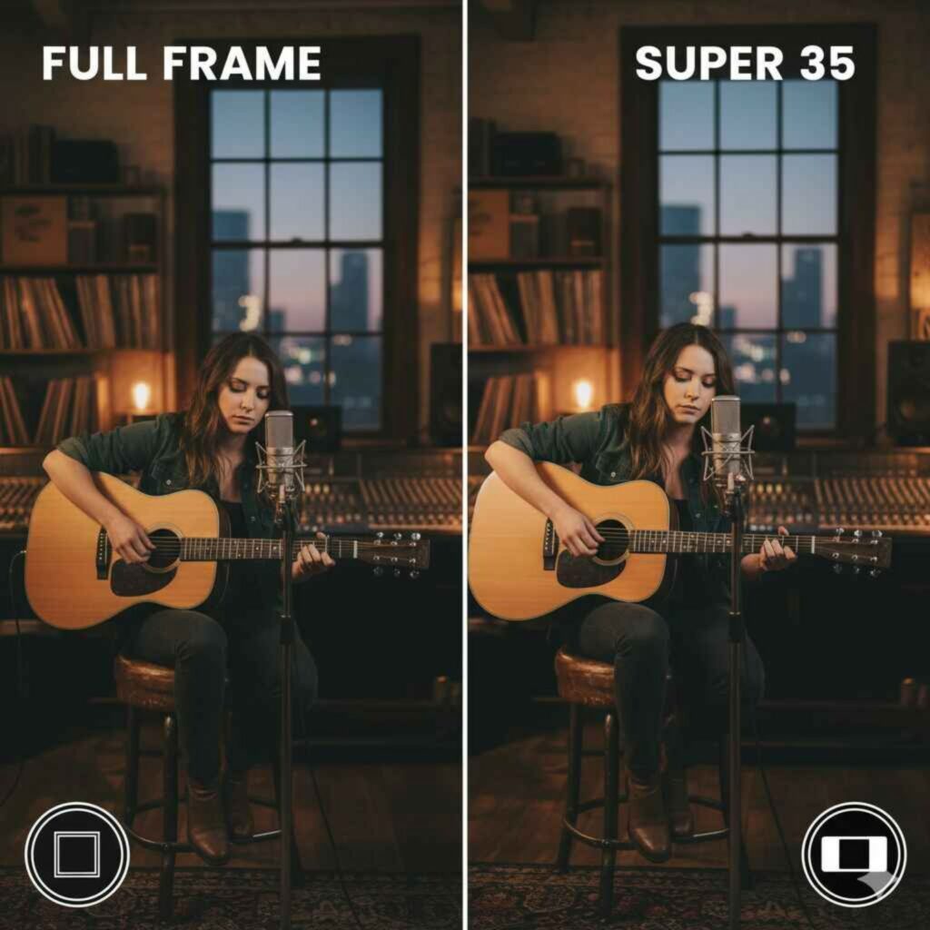 Full Frame vs Super 35 field of view comparison with musician playing guitar.