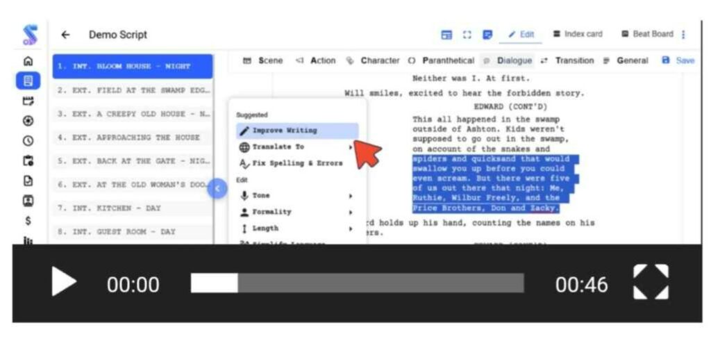Studiovity Screenwriting Demo – AI Improves Writing Suggestions for Screenwriters.