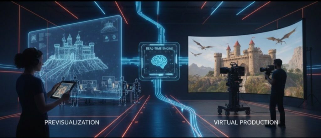 Previsualization and Virtual Production connected through real-time engine in modern filmmaking