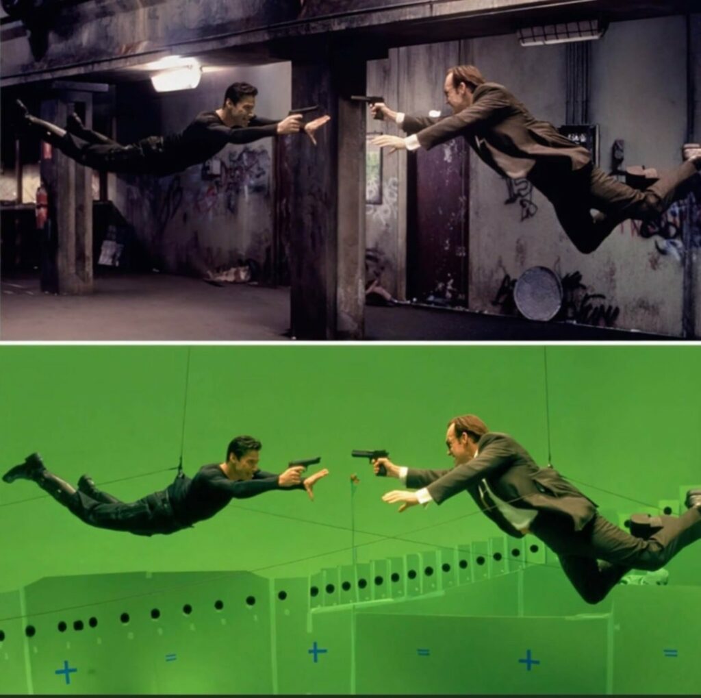 Motion tracking and green screen compositing used in filmmaking to create realistic VFX scenes.