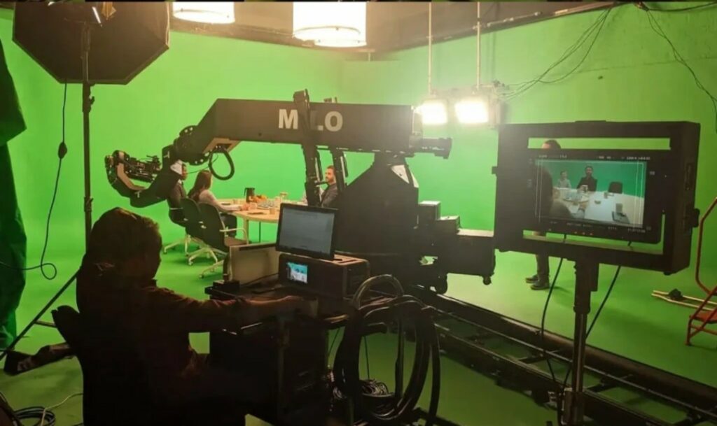 Motion tracking setup in a green screen studio for modern filmmaking and VFX production.