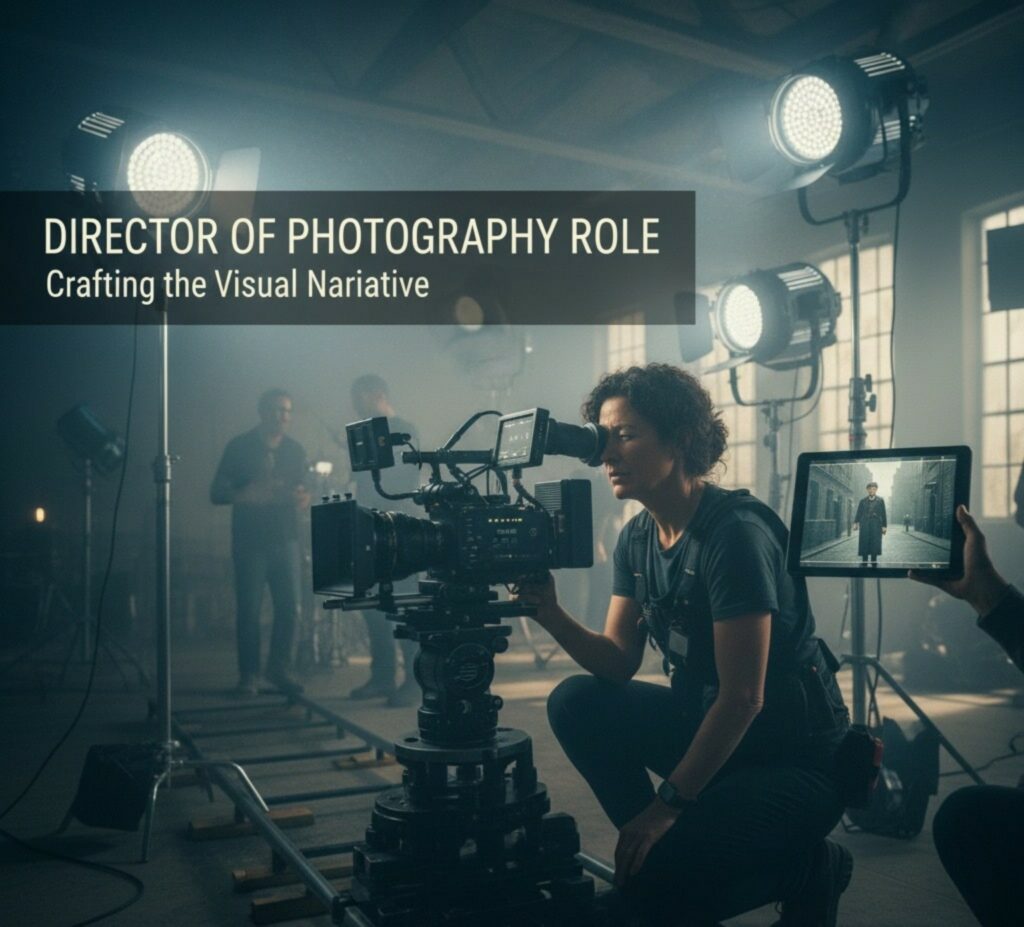 Director of Photography framing a cinematic shot using professional camera equipment on a film set