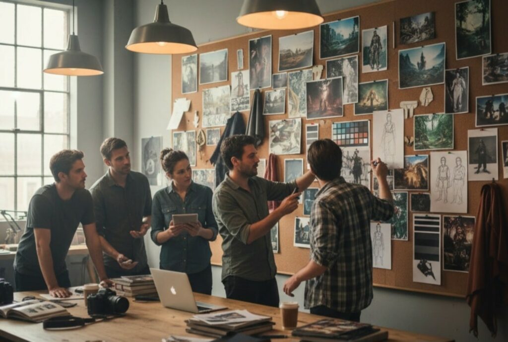 Film production team discussing a mood board filled with sketches, photos, and color palettes during pre-production planning